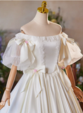 Simple White Bow Off-shoulder Satin Floor-length Wedding Dress HZ1022