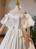 Simple White Bow Off-shoulder Satin Floor-length Wedding Dress HZ1022