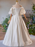 Simple White Bow Off-shoulder Satin Floor-length Wedding Dress HZ1022