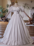 Beautiful White Satin Lace Off-the-shoulder Floor-length Wedding Dress HZ1022