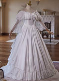 Beautiful White Satin Lace Off-the-shoulder Floor-length Wedding Dress HZ1022