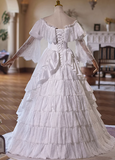 Beautiful White Satin Lace Off-the-shoulder Floor-length Wedding Dress HZ1022
