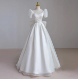 Simple White Short Sleeve Bow Tulle Floor-Length Wedding Dress HZ1022