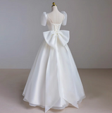 Simple White Short Sleeve Bow Tulle Floor-Length Wedding Dress HZ1022
