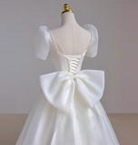 Simple White Short Sleeve Bow Tulle Floor-Length Wedding Dress HZ1022
