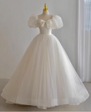 Princess Simple White Tulle Puff Sleeve A-Line Floor-Length Wedding Dress HZ1022