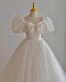 Princess Simple White Tulle Puff Sleeve A-Line Floor-Length Wedding Dress HZ1022