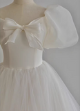 Princess Simple White Tulle Puff Sleeve A-Line Floor-Length Wedding Dress HZ1022