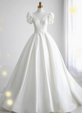 Elegant and simple white V-neck satin floor-length wedding dress HZ1022
