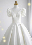 Elegant and simple white V-neck satin floor-length wedding dress HZ1022