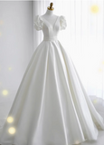 Elegant and simple white V-neck satin floor-length wedding dress HZ1022