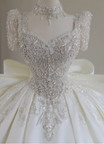 French Princess Shiny Beaded Bow Luxury Satin Floor-Length Wedding Dress HZ1022