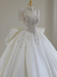 French Princess Shiny Beaded Bow Luxury Satin Floor-Length Wedding Dress HZ1022