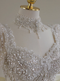 French Princess Shiny Beaded Bow Luxury Satin Floor-Length Wedding Dress HZ1022
