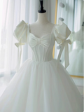 Simple White Princess Puff Sleeve Tulle Floor-Length Wedding Dress HZ1022