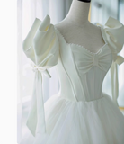 Simple White Princess Puff Sleeve Tulle Floor-Length Wedding Dress HZ1022