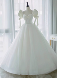 Simple White Princess Puff Sleeve Tulle Floor-Length Wedding Dress HZ1022