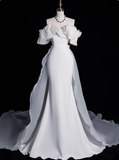 Elegant and simple one-shoulder satin mermaid floor-length wedding dress HZ1022