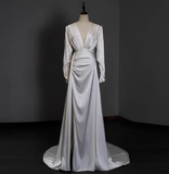 Elegant deep V-neck satin long sleeves high slit floor-length simple wedding dress HZ1022