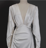Elegant deep V-neck satin long sleeves high slit floor-length simple wedding dress HZ1022