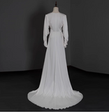 Elegant deep V-neck satin long sleeves high slit floor-length simple wedding dress HZ1022