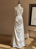 Vintage Strapless Off-the-shoulder Sweetheart Neck Lace Silk Satin Floor-length Wedding Dress HZ1022