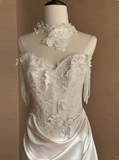 Vintage Strapless Off-the-shoulder Sweetheart Neck Lace Silk Satin Floor-length Wedding Dress HZ1022