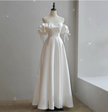 Simple satin off-shoulder A-line floor-length wedding dress HZ1022