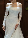 French One Shoulder Lace Long Sleeve Mermaid Wedding Dress with Train HZ1022