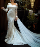 French One Shoulder Lace Long Sleeve Mermaid Wedding Dress with Train HZ1022
