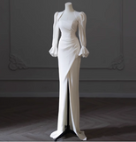 Elegant White Long Sleeve Slit Mermaid Simple Wedding Dress HZ1022