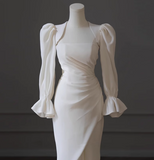 Elegant White Long Sleeve Slit Mermaid Simple Wedding Dress HZ1022