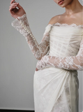 French style one shoulder long sleeve lace slit flowing wedding dress HZ1022