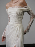 French style one shoulder long sleeve lace slit flowing wedding dress HZ1022