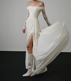 French style one shoulder long sleeve lace slit flowing wedding dress HZ1022