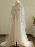 Vintage Lace Simple French Tulle Wedding Dress with Train HZ1022