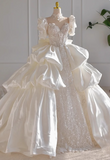 French style luxurious shiny satin short sleeve floor length wedding dress HZ1022