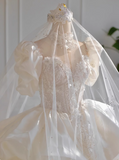 French style luxurious shiny satin short sleeve floor length wedding dress HZ1022
