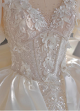 French style luxurious shiny satin short sleeve floor length wedding dress HZ1022