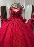 Vintage Heavy Luxury Red Beaded Long Sleeve Floor-Length Wedding Dress HZ1022