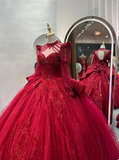 Vintage Heavy Luxury Red Beaded Long Sleeve Floor-Length Wedding Dress HZ1022