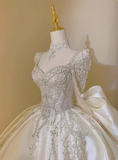 Shiny French Heavy-Work Long Sleeve Beaded Satin Bow Floor-Length Wedding Dress HZ1022
