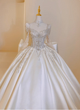 Shiny French Heavy-Work Long Sleeve Beaded Satin Bow Floor-Length Wedding Dress HZ1022