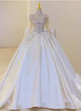 Shiny French Heavy-Work Long Sleeve Beaded Satin Bow Floor-Length Wedding Dress HZ1022