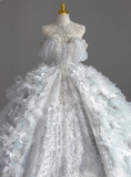 French princess strapless blue shiny beaded luxurious floor-length wedding dress HZ1022