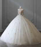 Glittering Rhinestone Long Sleeve Tulle A-Line Floor-Length Wedding Dress HZ1022
