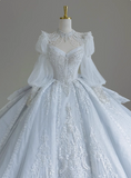 French blue princess long sleeves shiny beaded heavy work luxury floor-length wedding dress HZ1022
