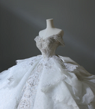 Vintage French Princess Off-the-shoulder Tulle Beaded Floor-length Wedding Dress HZ1022