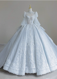 French blue princess long sleeves shiny beaded heavy work luxury floor-length wedding dress HZ1022