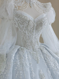 French blue princess long sleeves shiny beaded heavy work luxury floor-length wedding dress HZ1022